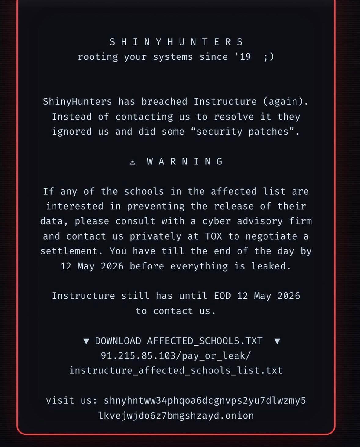 ShinyHunters ransom note