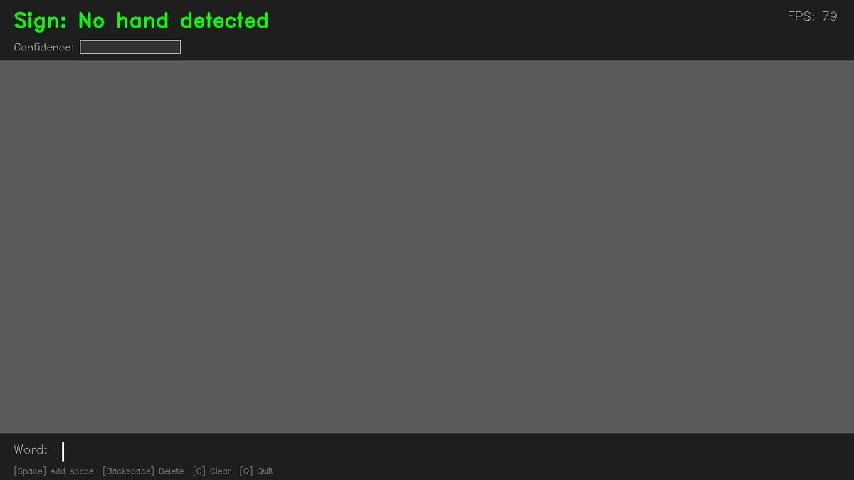 OpenCV window with a grey frame, header reading Sign: No hand detected, empty word bar at the bottom