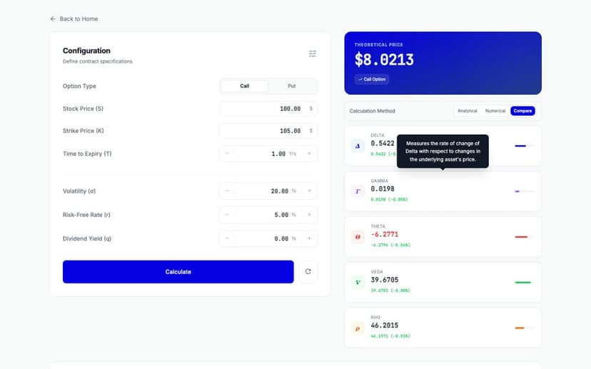 Options calculator with inputs and Greeks cards showing analytical and numerical values