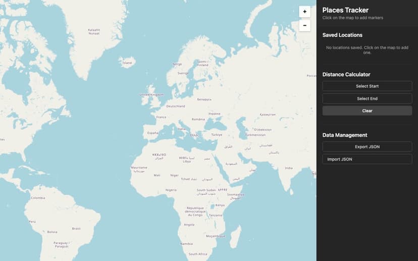 World map from OpenStreetMap tiles with a side panel for saved places