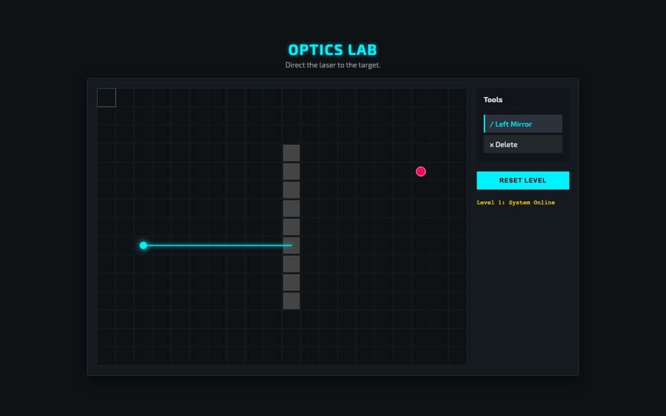 Dark grid puzzle with a cyan laser beam and a column of wall blocks