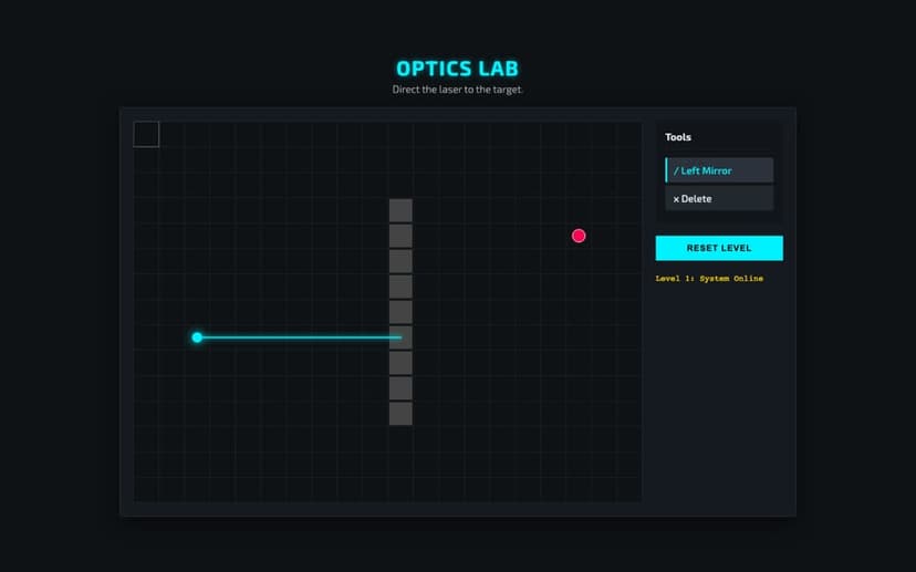 Dark grid puzzle with a cyan laser beam and a column of wall blocks