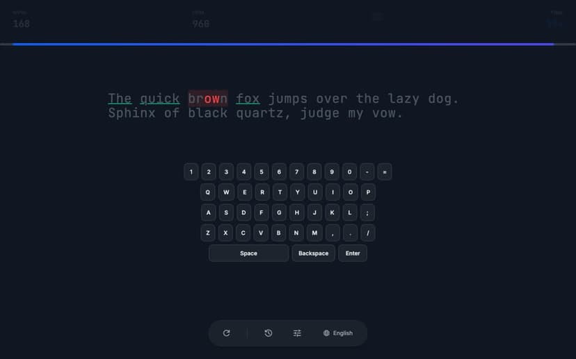 Typing test with a mistyped word highlighted and an on-screen keyboard