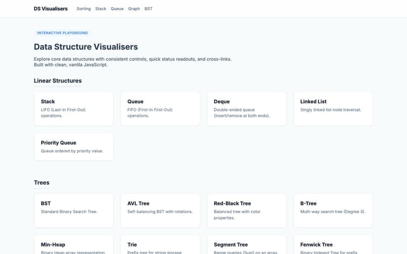 Grid of cards for data structure visualisers: stack, queue, deque, trees