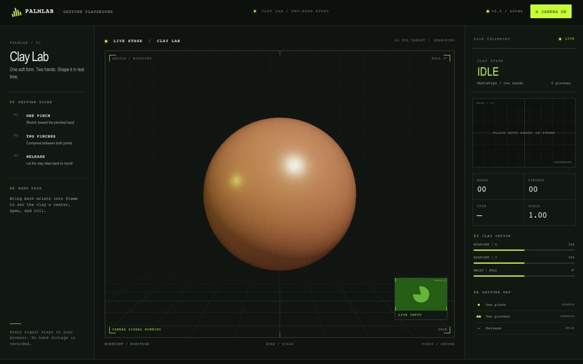 Clay Lab in camera mode with a small live preview and the status LIVE, no hands detected