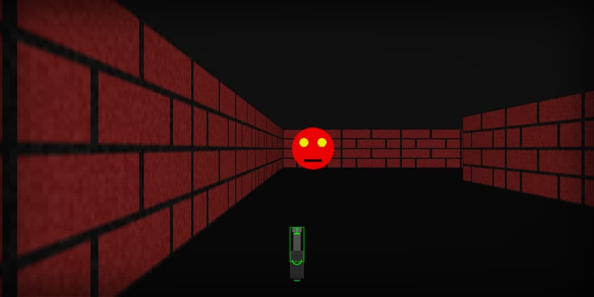 Clean render of a long brick corridor with one enemy, no HUD