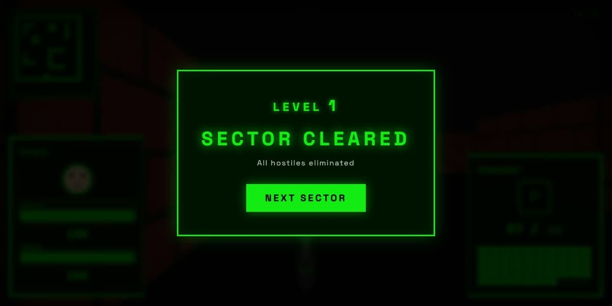 Dimmed game view with a SECTOR CLEARED popup and a NEXT SECTOR button