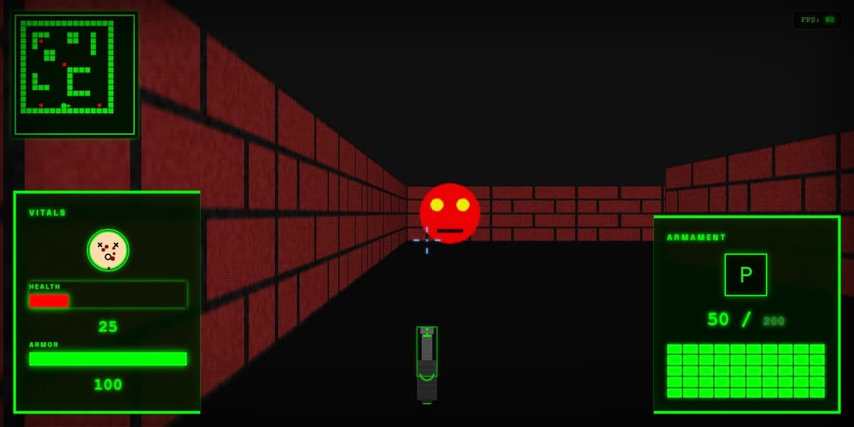 HUD showing health 25 in red and a hurt face icon with blood drips