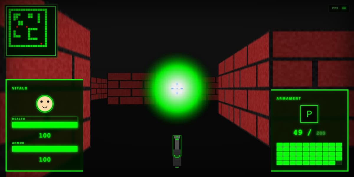 First-person view down a brick corridor with a bright green projectile orb in flight