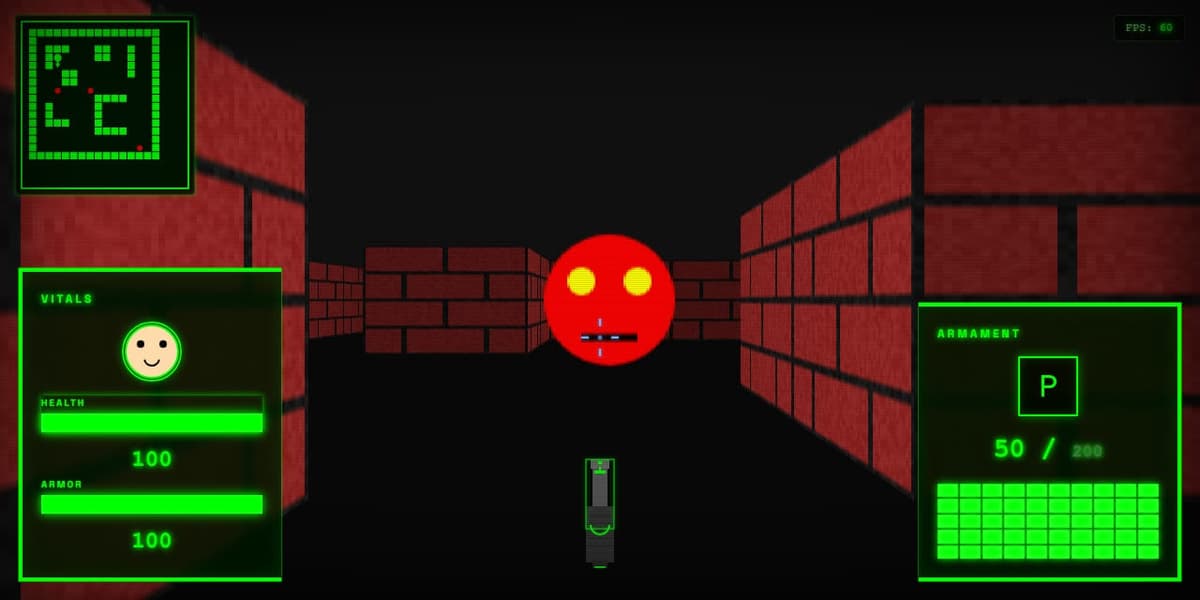 Corridor view with an enemy, minimap top-left, vitals and armament panels
