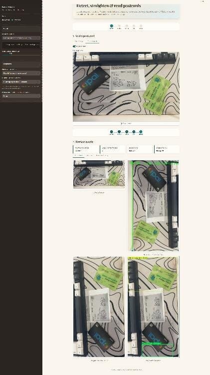 A failed camera prediction where a postcard on a busy patterned background is not straightened correctly
