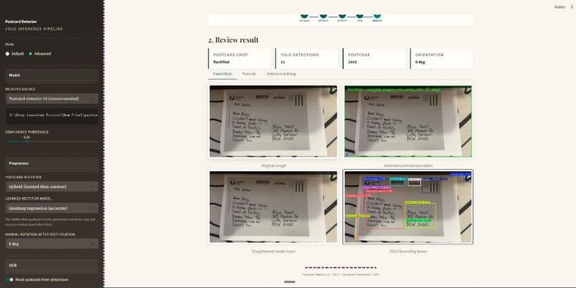 LiPi results page with summary tiles reading postcode 2450 and a grid of the original, boundary, straightened and annotated postcard