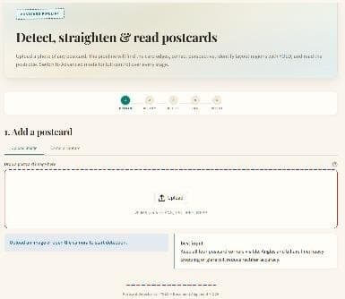 LiPi upload tab with the heading Detect, straighten and read postcards