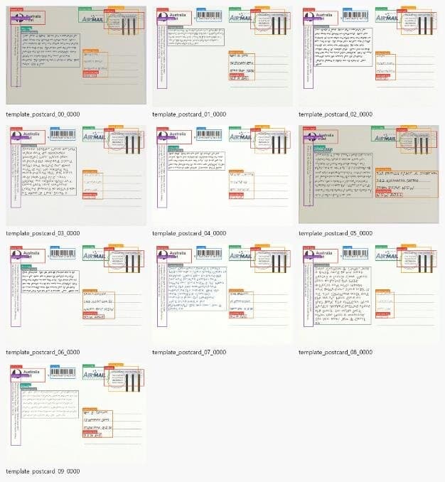 Contact sheet of synthetic NSW Air Mail postcards with coloured bounding boxes around each annotated region