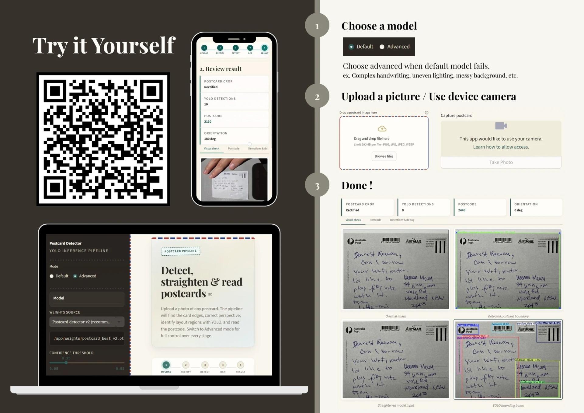Try it yourself panel from our poster: a QR code, the app on a phone and a laptop, and three steps to choose a model, upload a picture and see the result